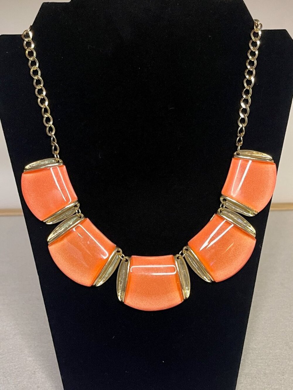 Statement Necklace - Orange on Gold * Collar Length * Quality Costume Jewelry